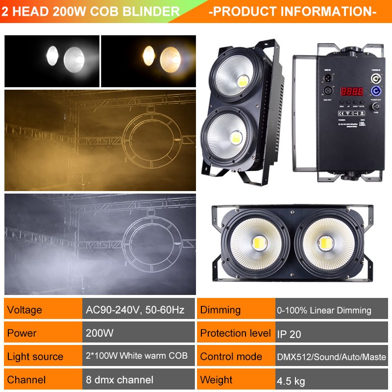 2-Head 200W COB Blinder Light with DMX512 Control (Customizable Warm White/RGB) RG-244D