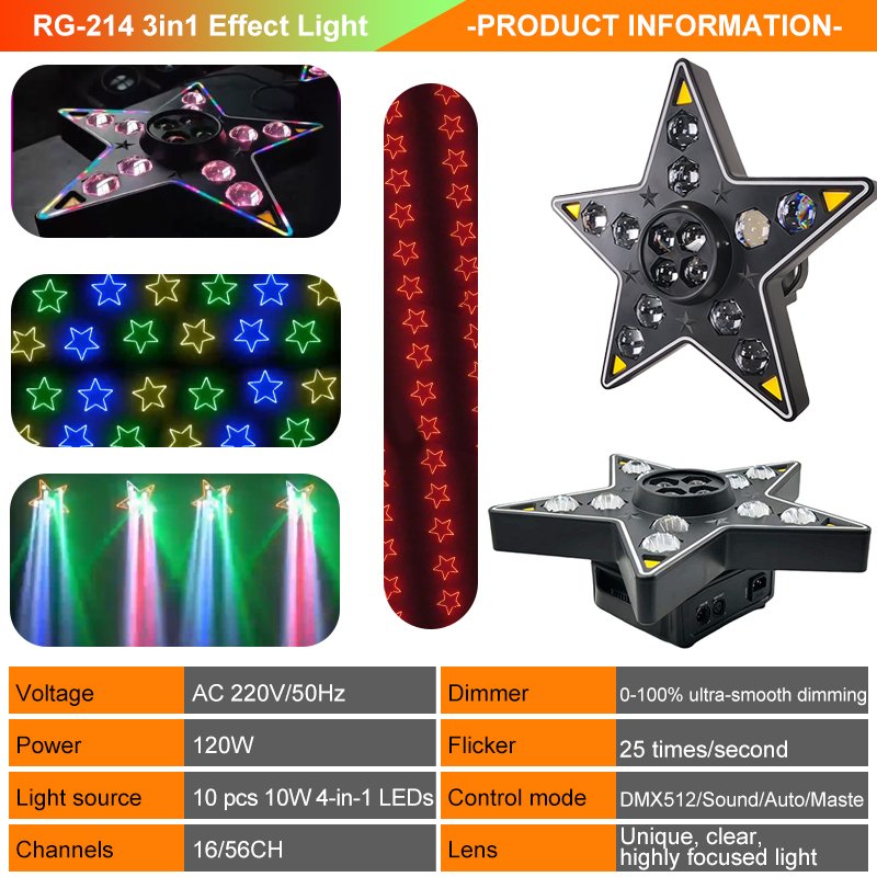 参数 Five Star Beam Bee-Eyes Strobe 3-in-1 Effect Light RG-214