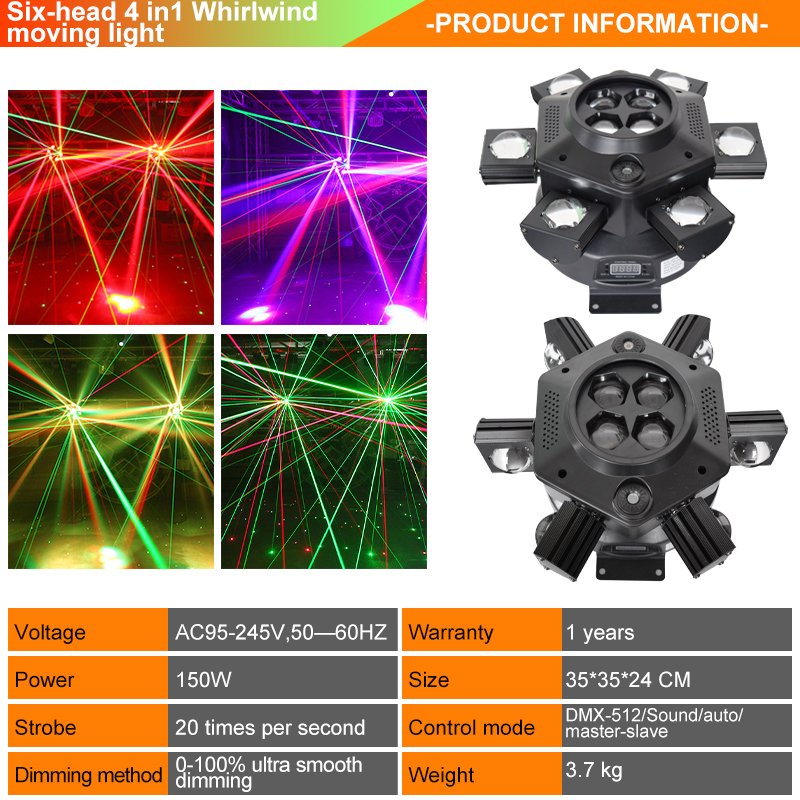Six-Head 4-in-1 Whirlwind Moving Light RGBW LED + Laser + Strobe Stage Effect Light RG-261A