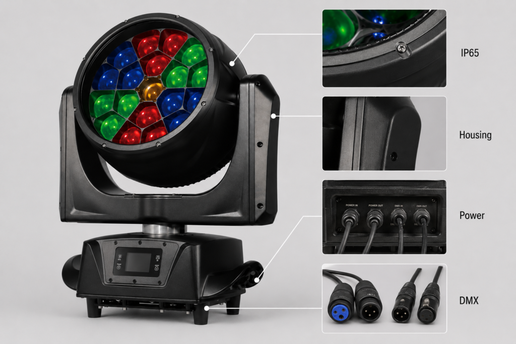 IP65 festival wash light housing and connector details