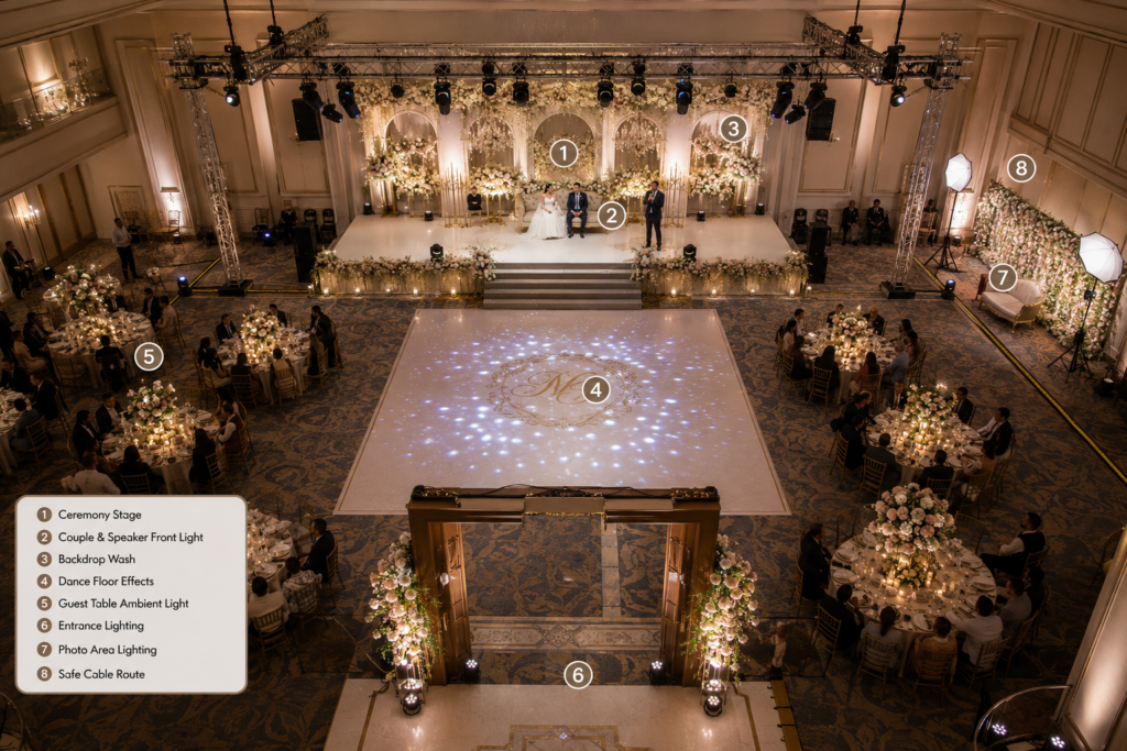 2 Wedding venue lighting zones for stage and dance floor