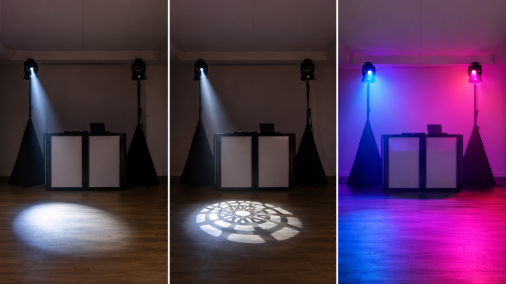 Beam spot and wash DJ moving head light effects compared
