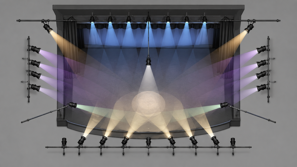 2-theatre-stage-lighting-zone-diagram Theatre stage lighting diagram showing front side back and scenic zones