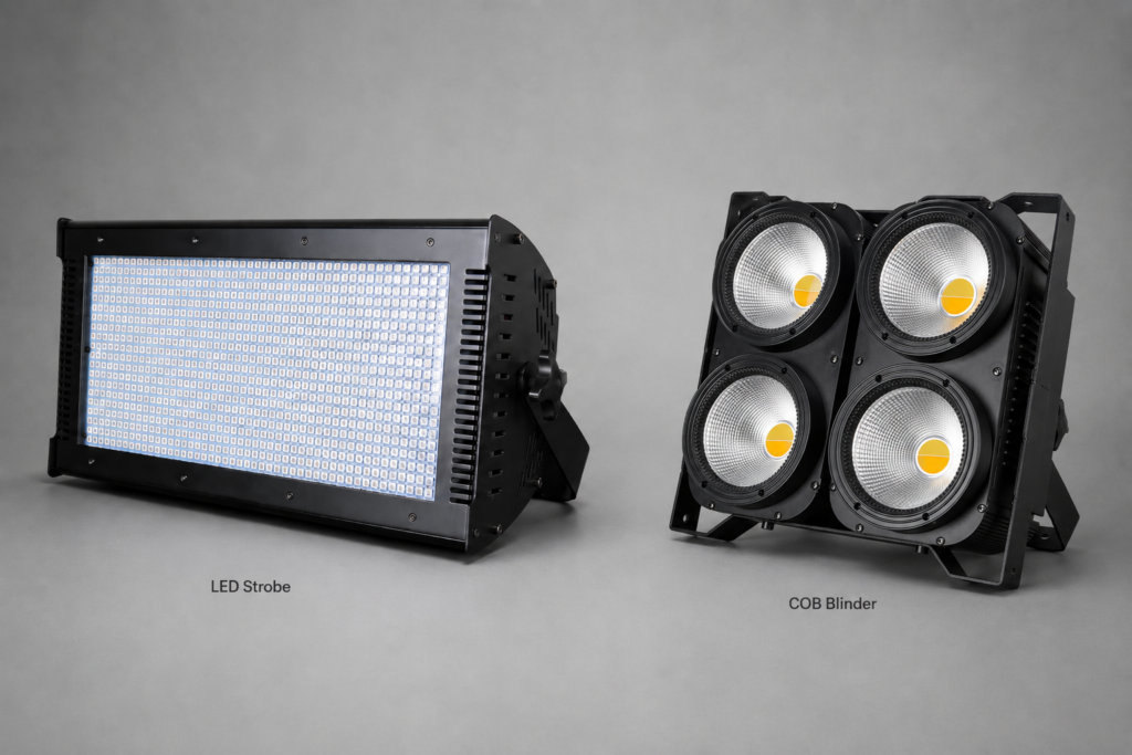 3 LED strobe light compared with a COB audience blinder
