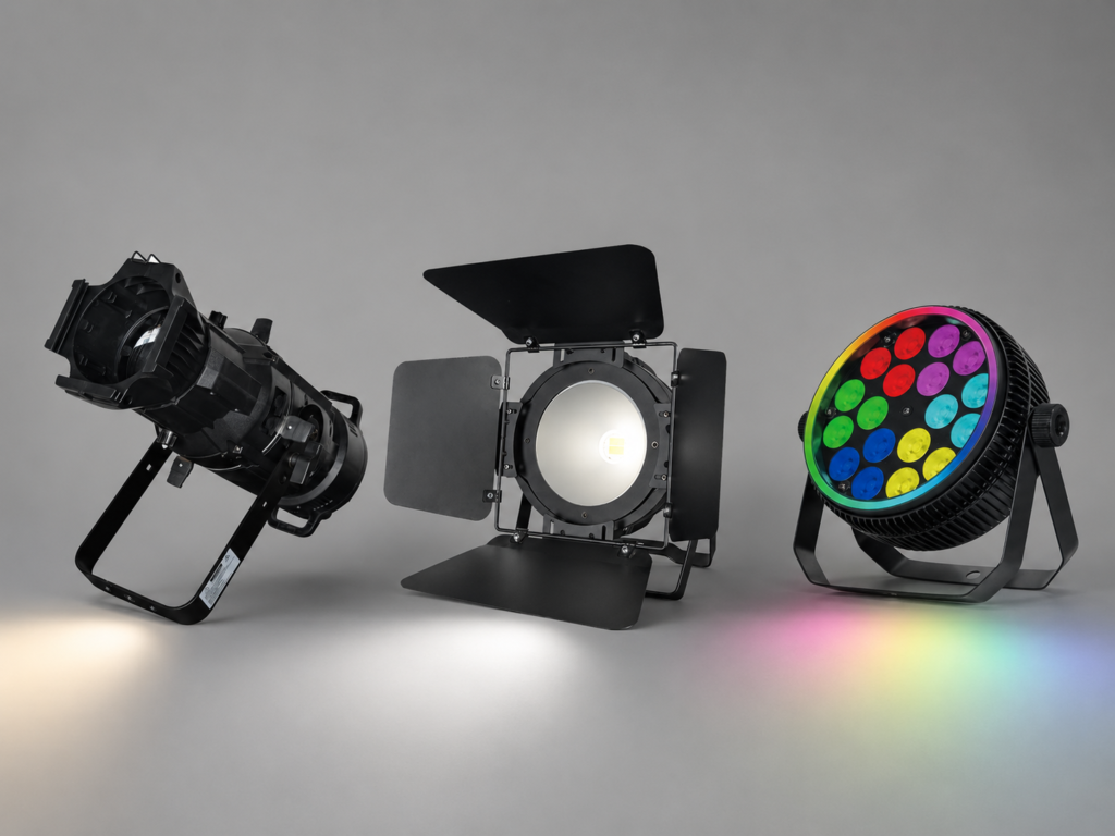 3-theatre-lighting-fixture-role-comparison Profile spotlight COB face light and mute LED PAR for theatre lighting