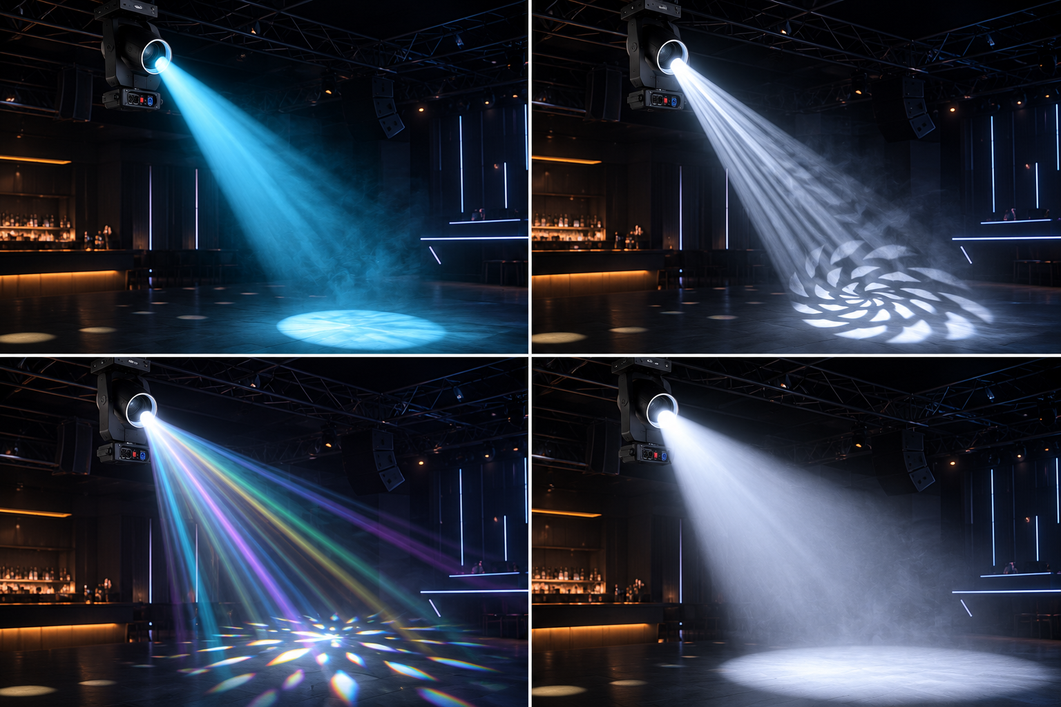 4 Nightclub moving head beam color gobo prism and frost effects