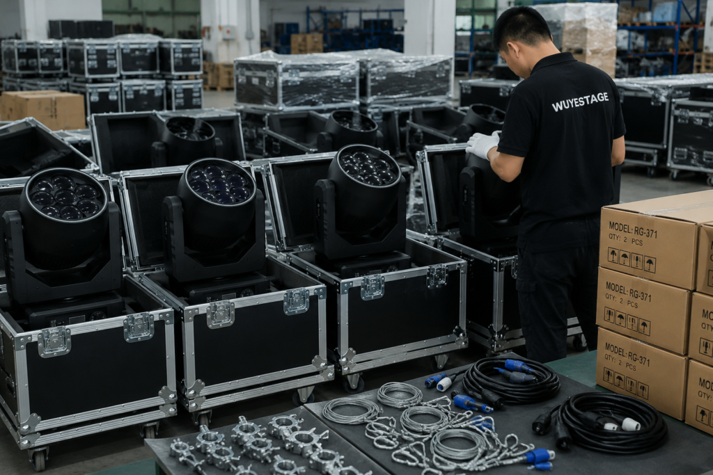 Festival wash light flight case packing and rigging accessories