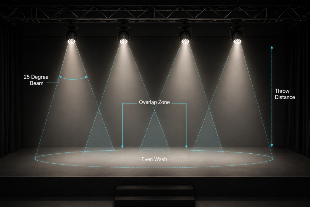 led-par-beam-angle-stage-coverage LED PAR beam angle and overlapping stage wash coverage
