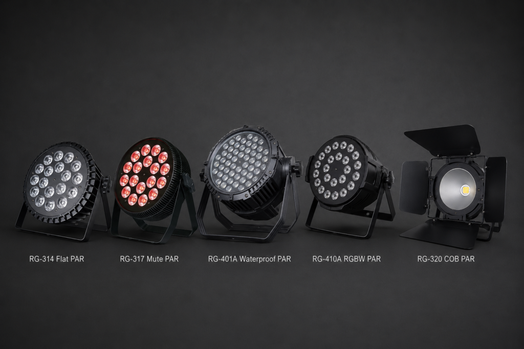 led-par-light-types-comparison Comparison of flat silent waterproof RGBW and COB LED PAR lights