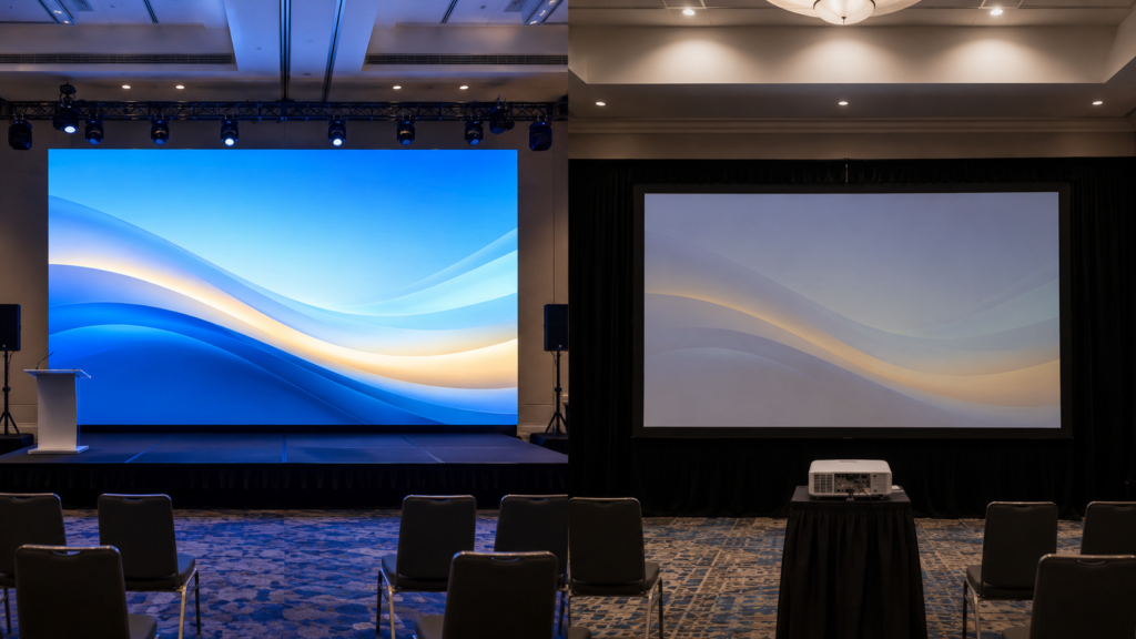 01-led-wall-vs-projector-event-display LED wall vs projector comparison for professional event displays