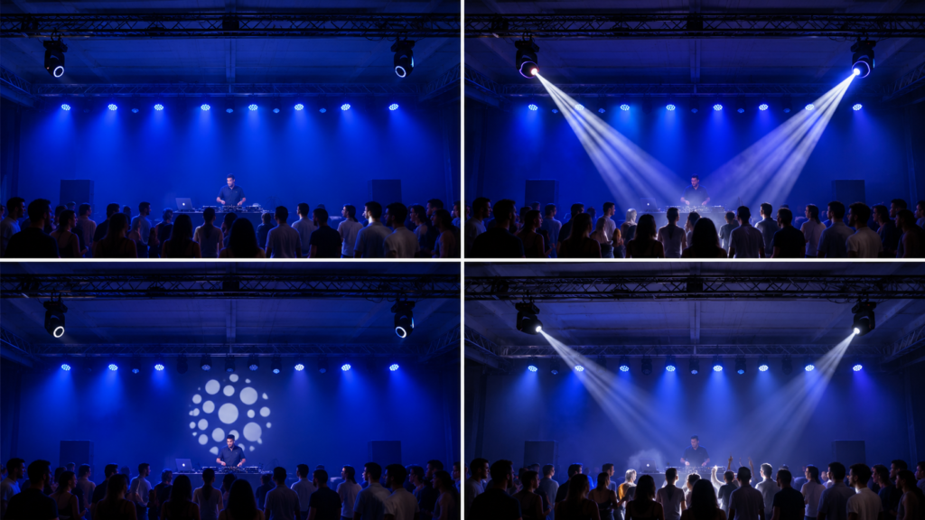 DJ lighting comparison of wash beam spot and accent roles