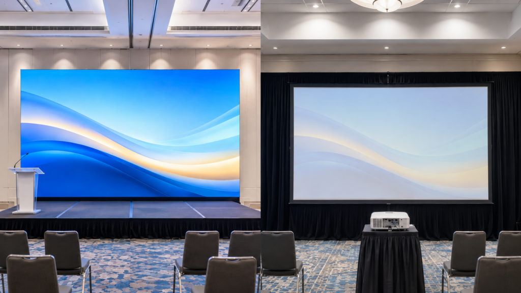 02-led-wall-projector-ambient-light LED wall and projector visibility under ambient event lighting