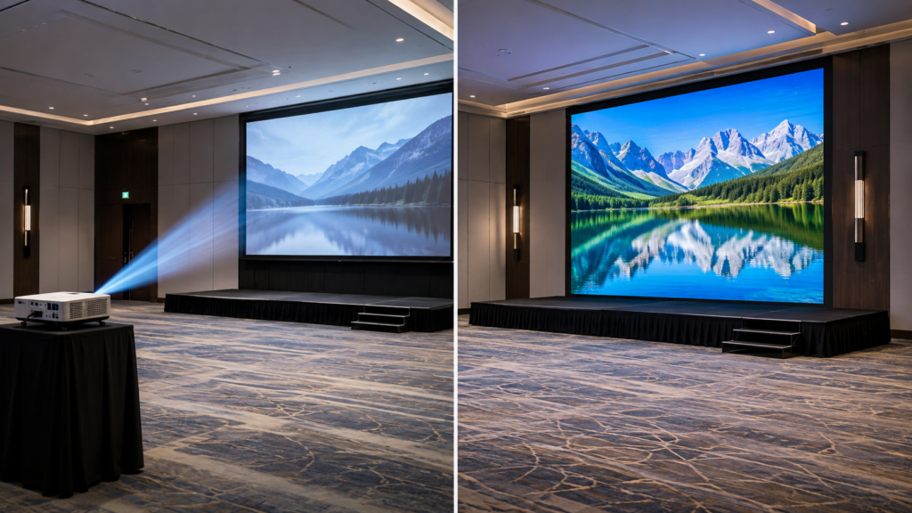 03-projector-throw-path-vs-led-wall Projector throw path compared with a modular LED wall installation