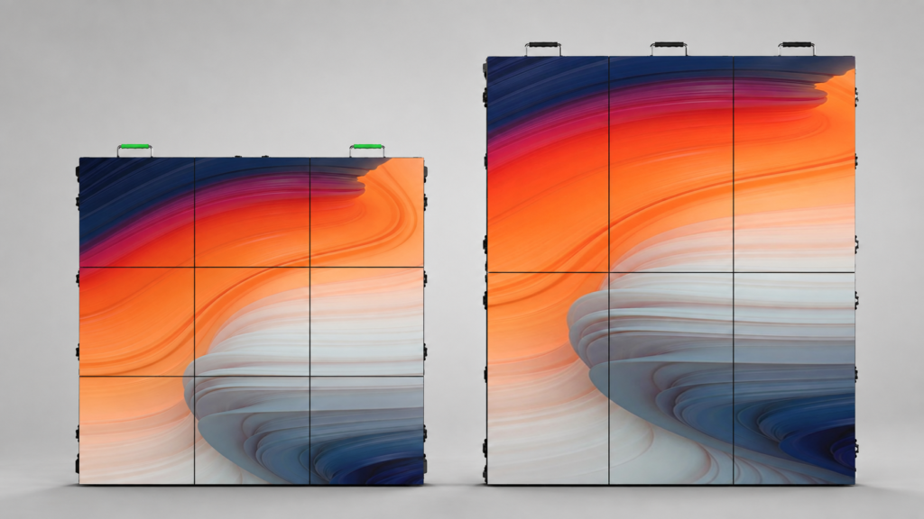 Comparison of 500 x 500 and 500 x 1000 LED cabinet layouts