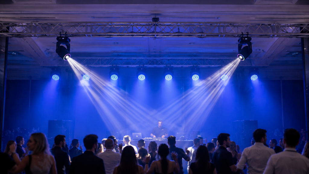 DJ moving head lights with PAR wash in a mobile event rig