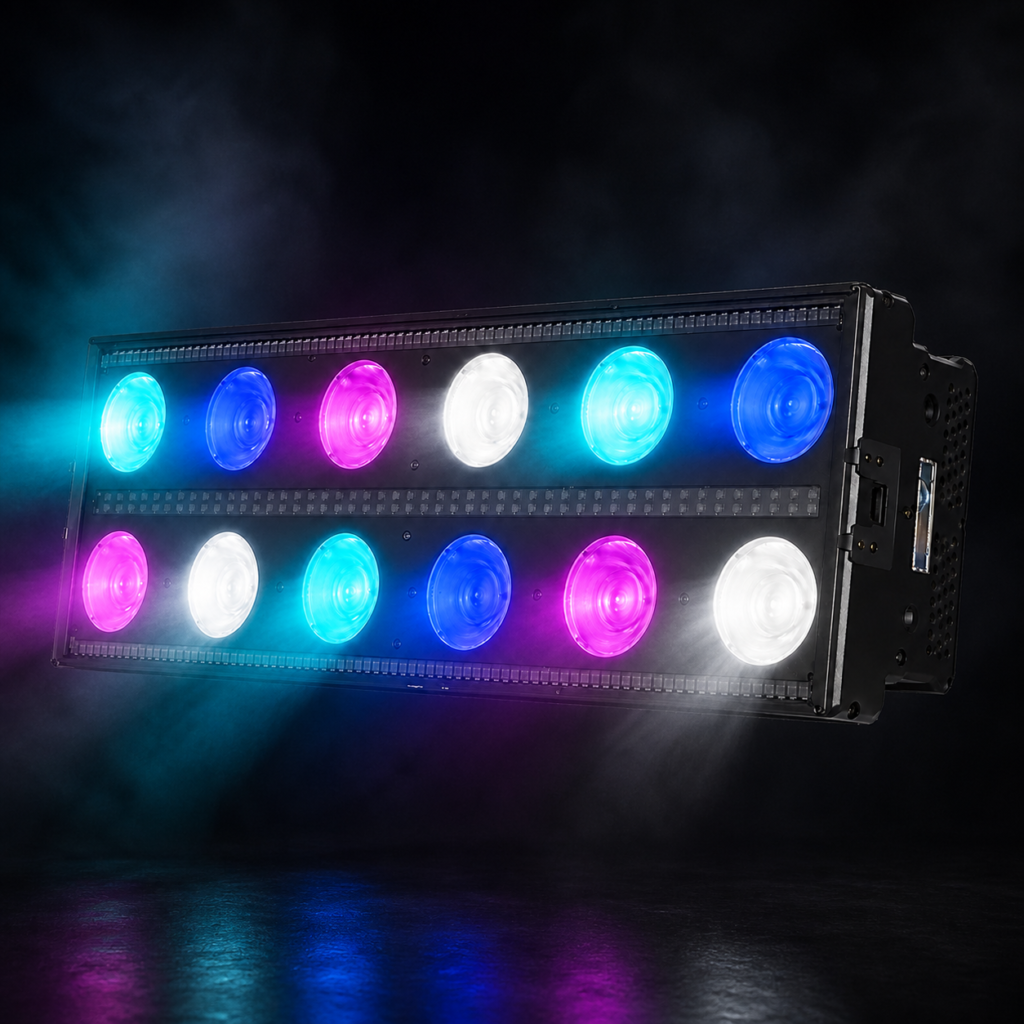 Twelve 60W RGBW LEDs producing color effects on a stage fixture