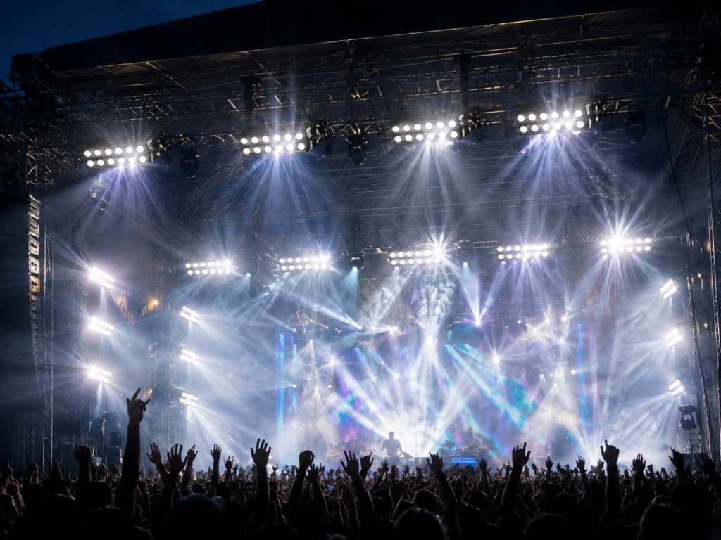 RGBW pixel strobe lights creating white and color effects on a concert stage