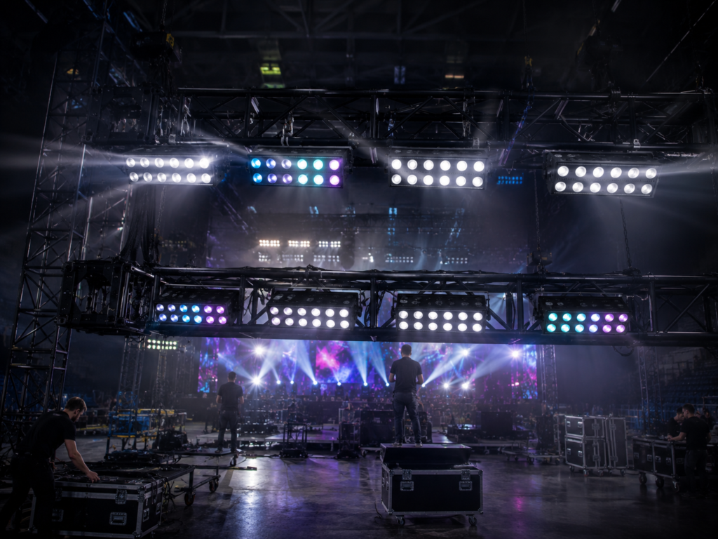 Pixel strobe lights installed on a touring production rig during stage setup