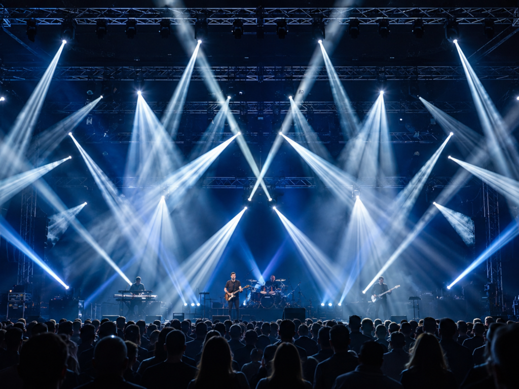 300W beam moving head lights creating sharp aerial effects on a concert stage