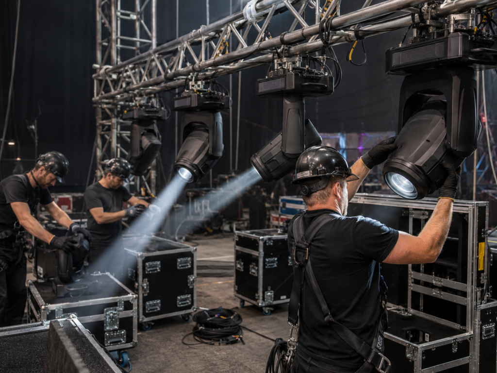 Technicians setting up 300W beam moving head lights for a touring production