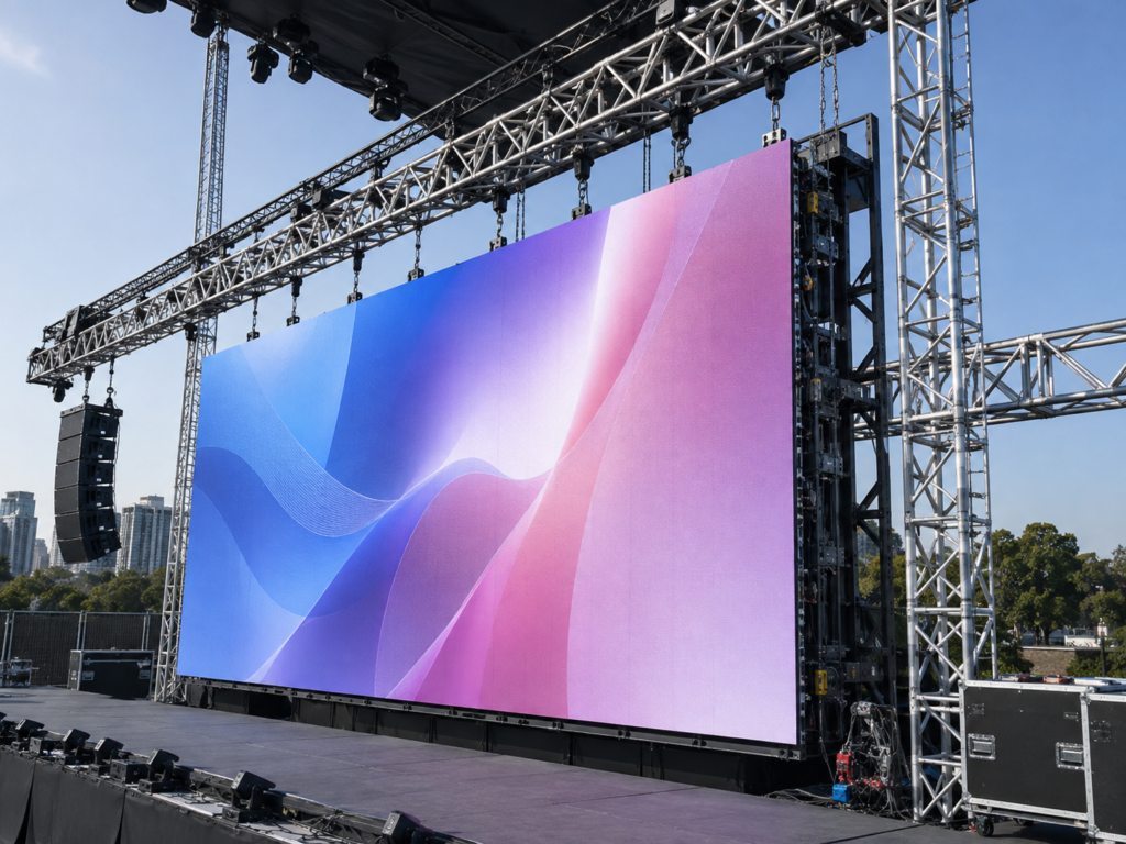 P3.91 outdoor LED display with hanging stage installation