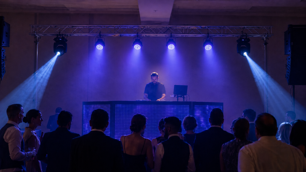01-dj-lighting-setup-mobile-event DJ lighting setup with wash moving heads and accent lights