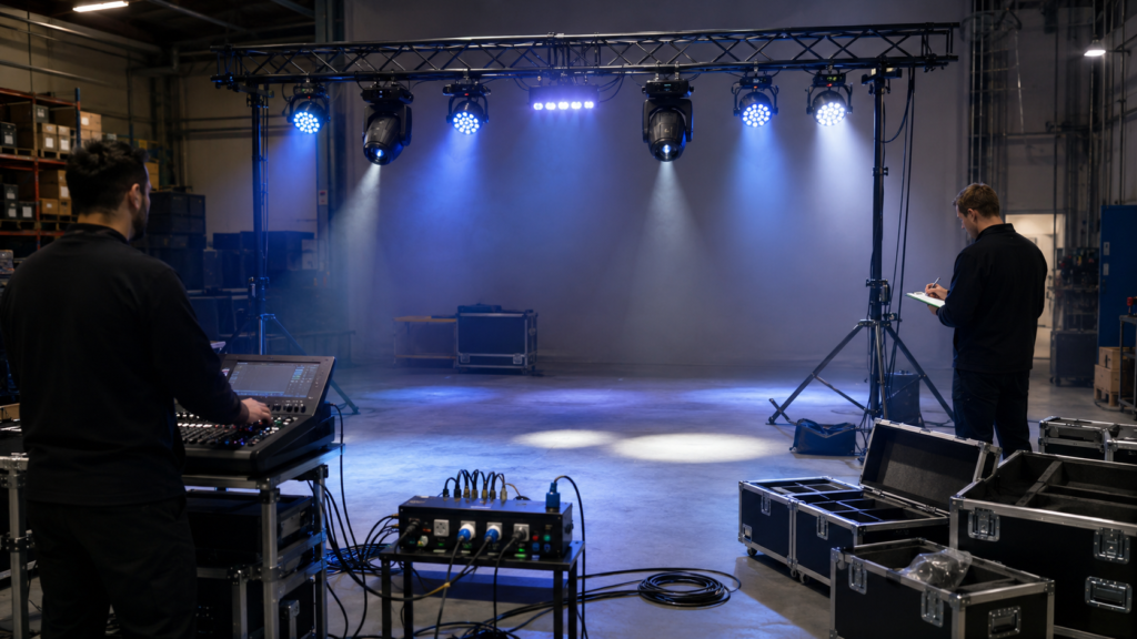 05-dj-lighting-complete-rig-test Complete DJ lighting setup test before bulk ordering