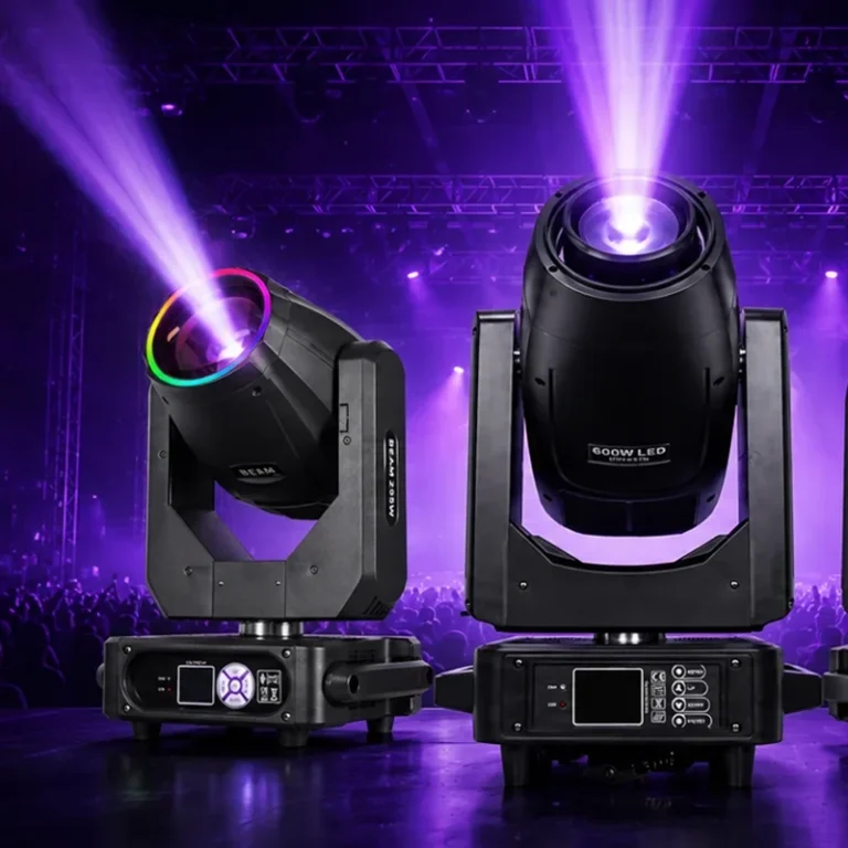 Two moving-head fixtures shown with purple beams against a dark background.