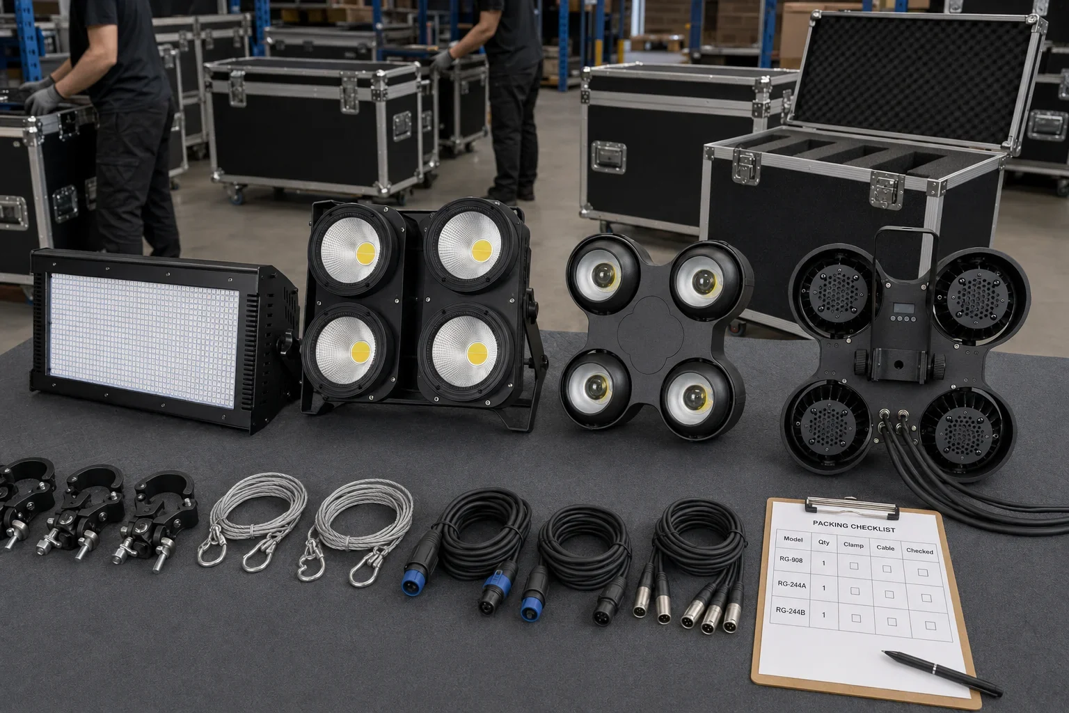 Stage strobe lights and COB blinders prepared for rental