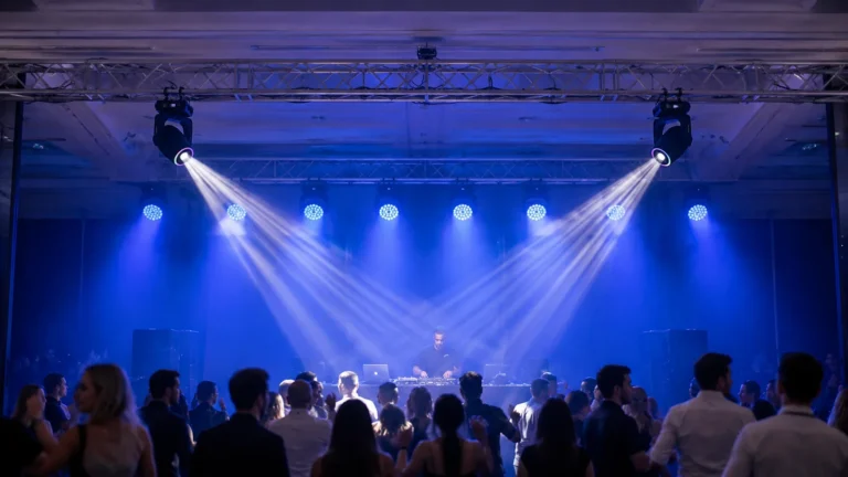 DJ moving head lights with PAR wash in a mobile event rig