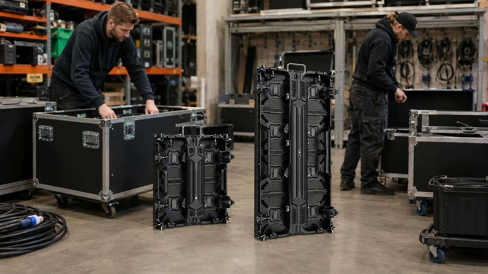 Rental LED panels prepared as reusable event company inventory