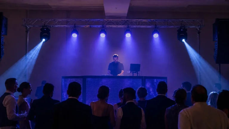 DJ lighting setup with wash moving heads and accent lights