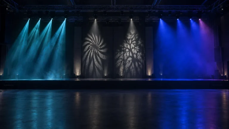 Beam spot and wash lighting effects on a professional stage