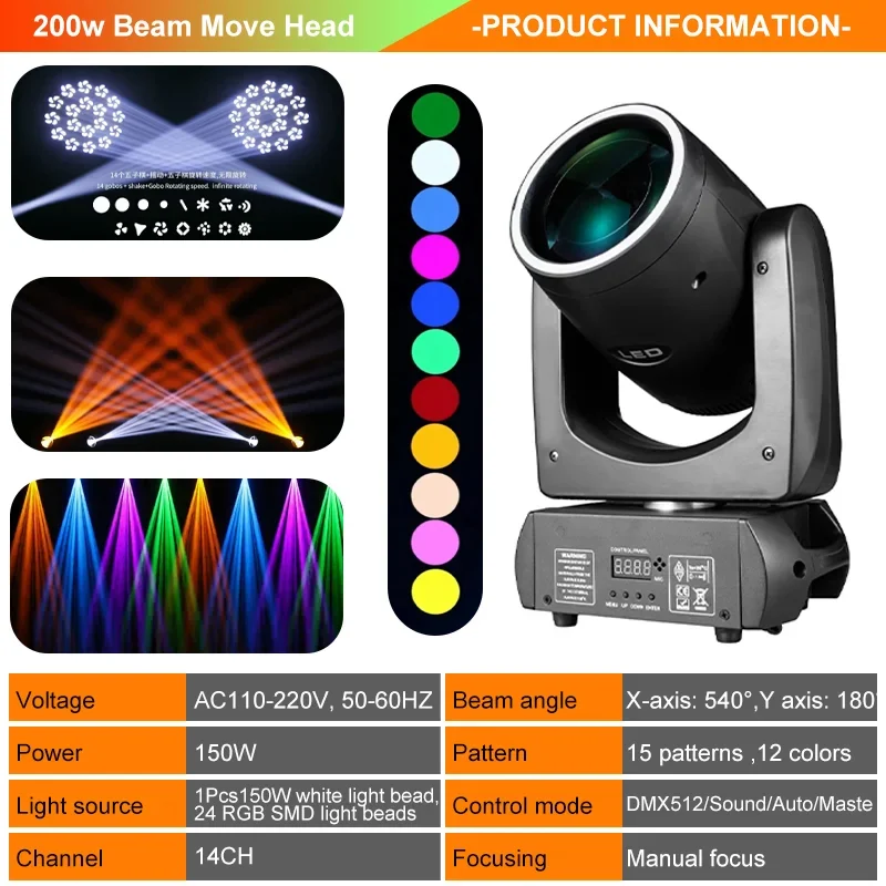 Moving-head light product graphic with fixture views and beam effects.