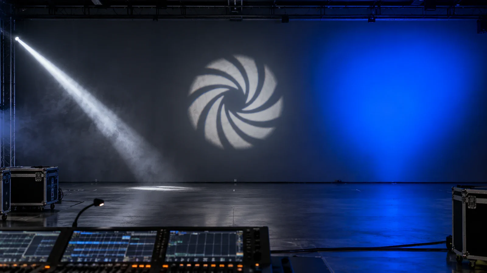 Professional comparison showing narrow beam gobo projection and broad wash lighting effects
