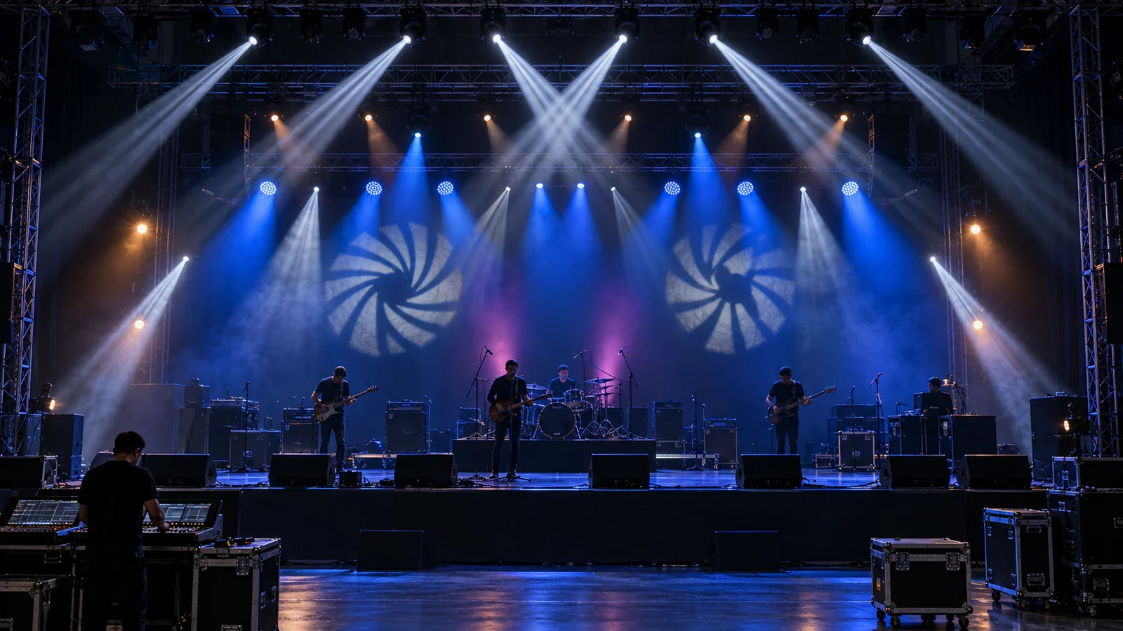 Layered event rig combining beam spot and wash moving head lights