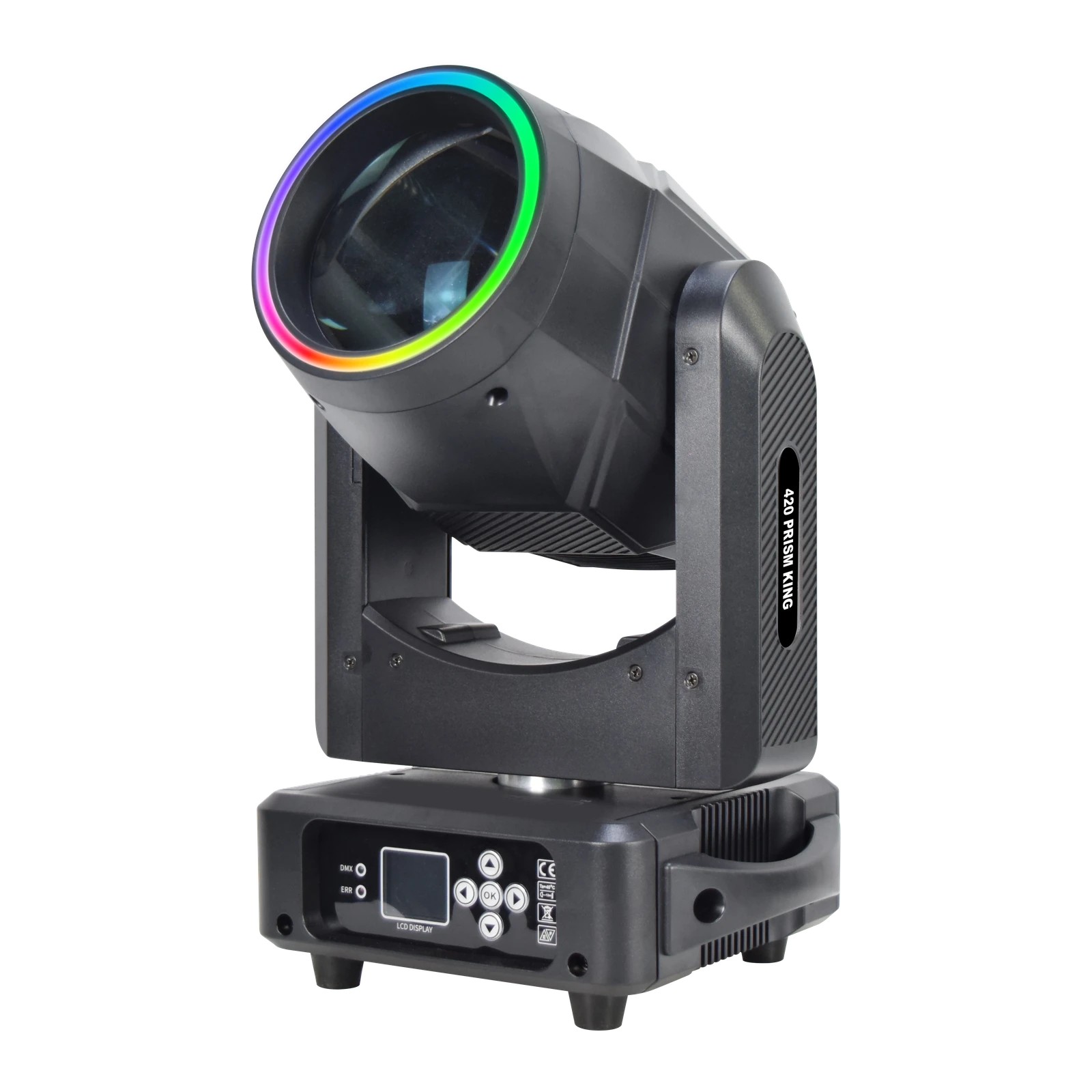 Moving head lights without haze: RG-132 420 Prism King product photograph for fixture identification
