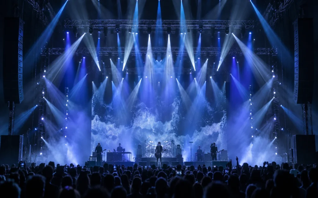 Concert stage with moving head beam lighting over a touring performance