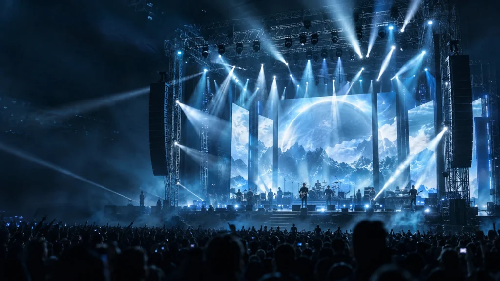 Concert stage with moving head lighting and a large LED display