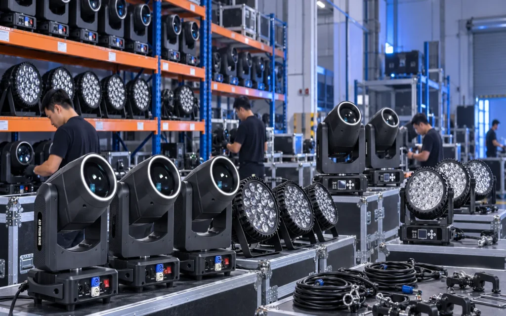 Moving head and wash fixtures prepared in a rental inventory