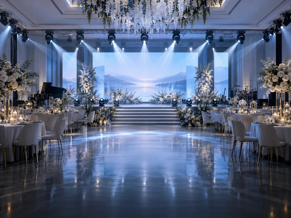 Wedding venue stage with cool white lighting and an LED display backdrop