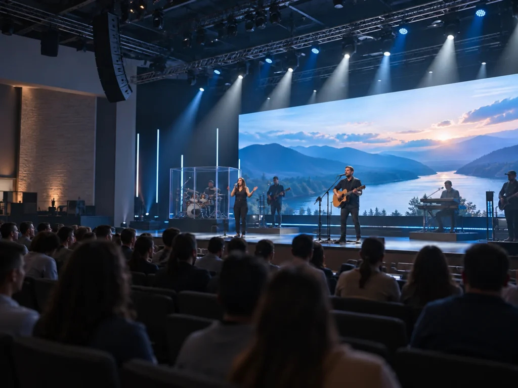 House of worship stage with professional lighting and a large LED screen