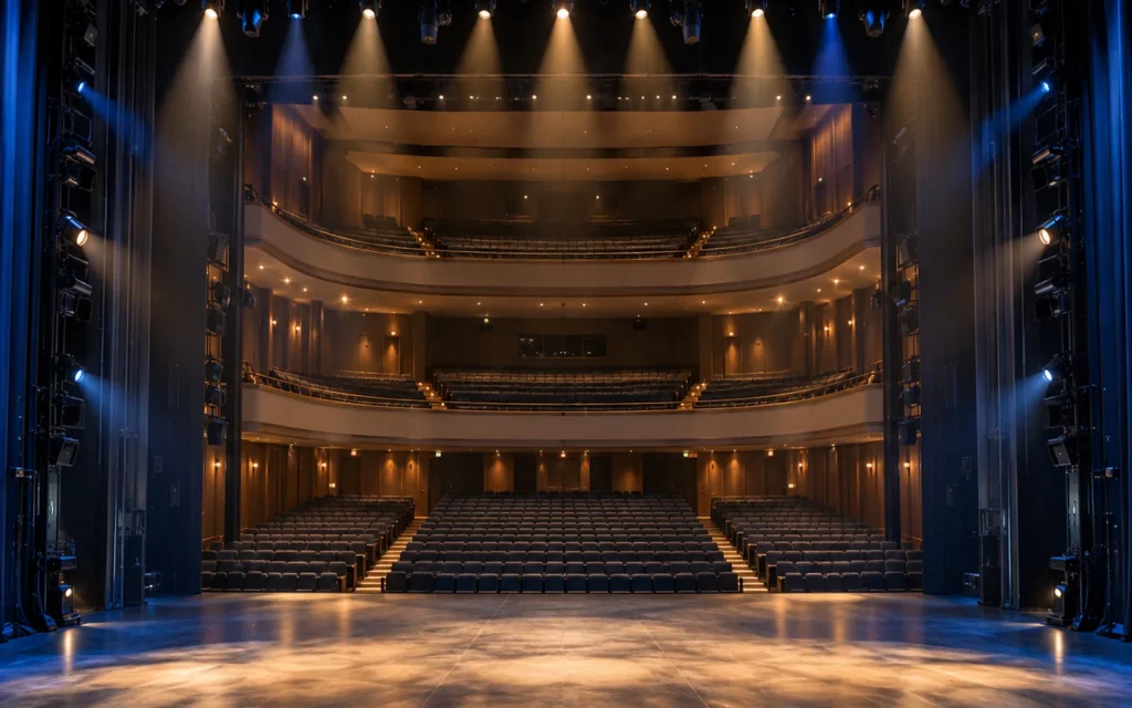 Theatre auditorium and stage with professional moving head lighting