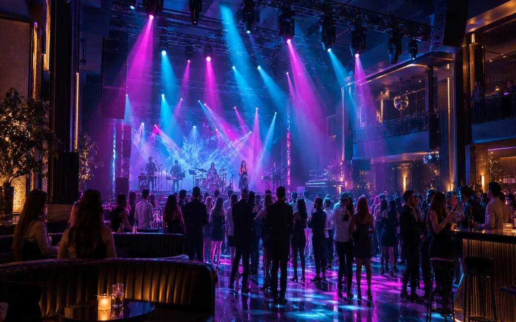 Live club event with moving head lights and audience