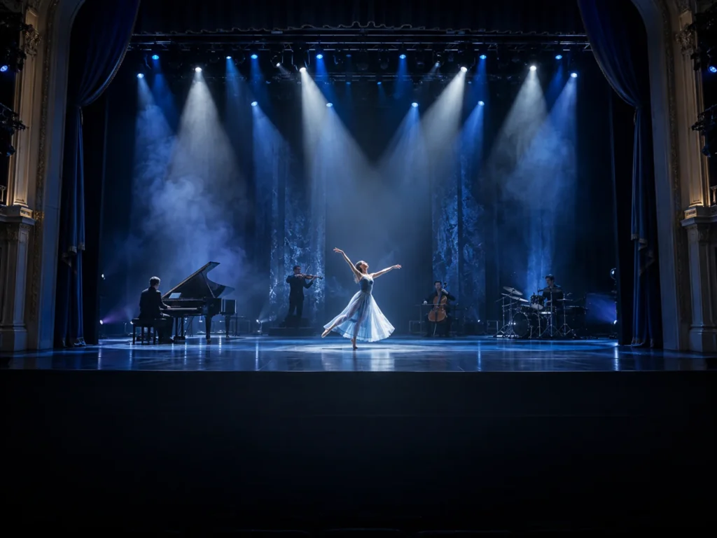Theatre performance illuminated by cool blue and white stage lighting