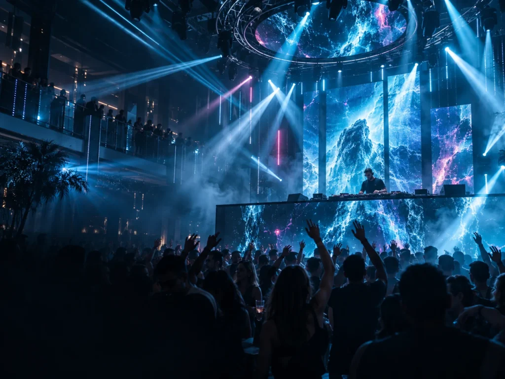 DJ club event with moving head beams and LED display effects