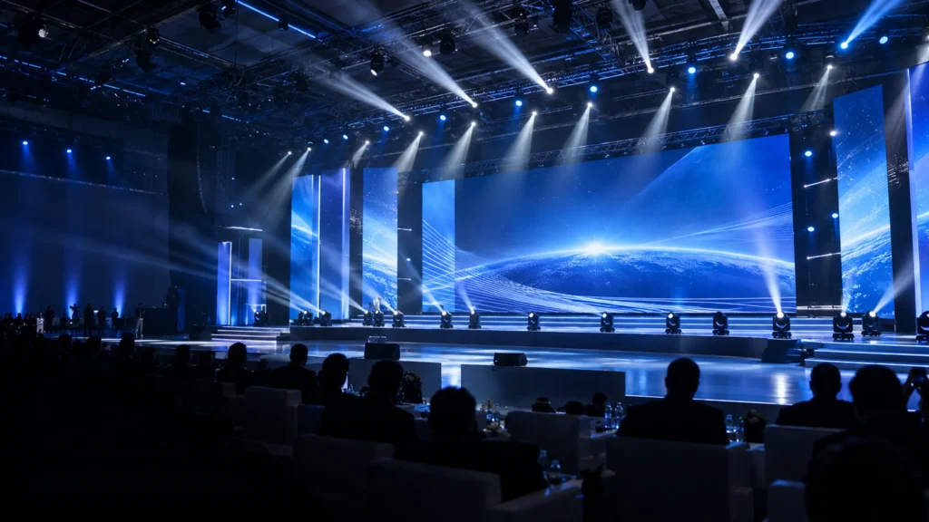 Corporate event stage with professional lighting and modular LED displays