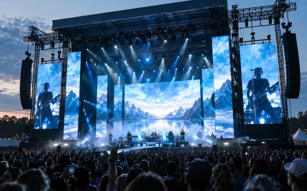 Illustration d’une scène de concert avec fond LED et deux écrans latéraux