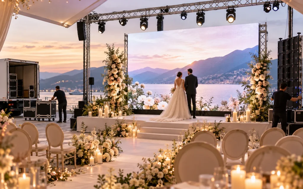 Illustration d’un mariage avec écran LED derrière le couple