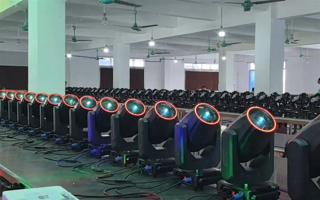 Moving head lights in batch assembly at the WUYESTAGE workshop